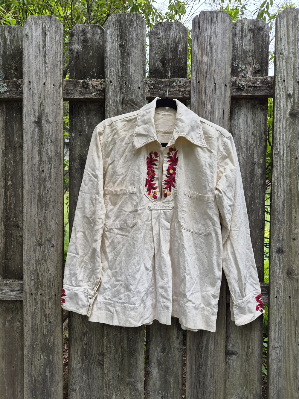 Vintage Cream Blouse with Red Floral Embroidery